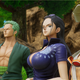 Sanji, Zoro, Robin, and Usopp look off in the same direction while standing side by side on Waford Island.